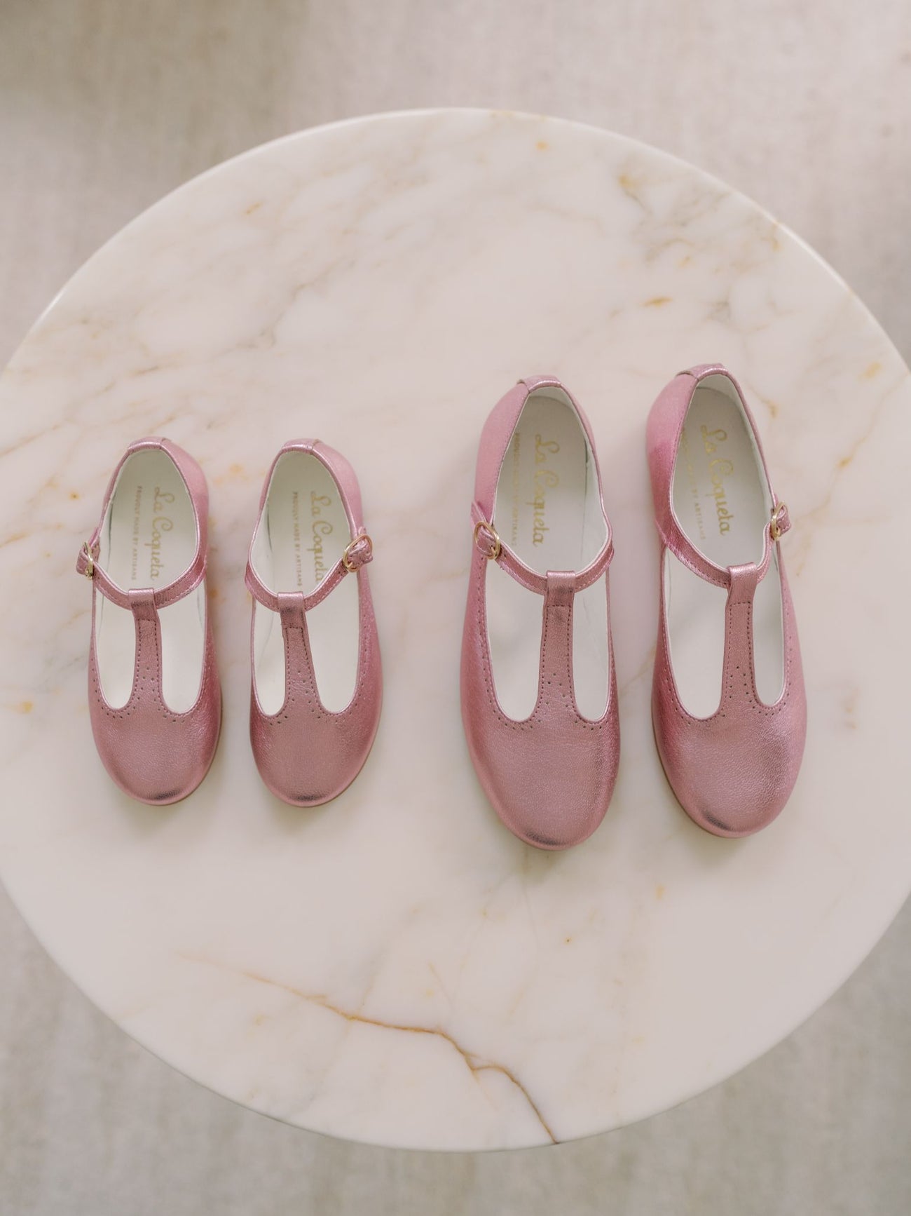 Metallic Pink Leather Girl T-Bar Shoes