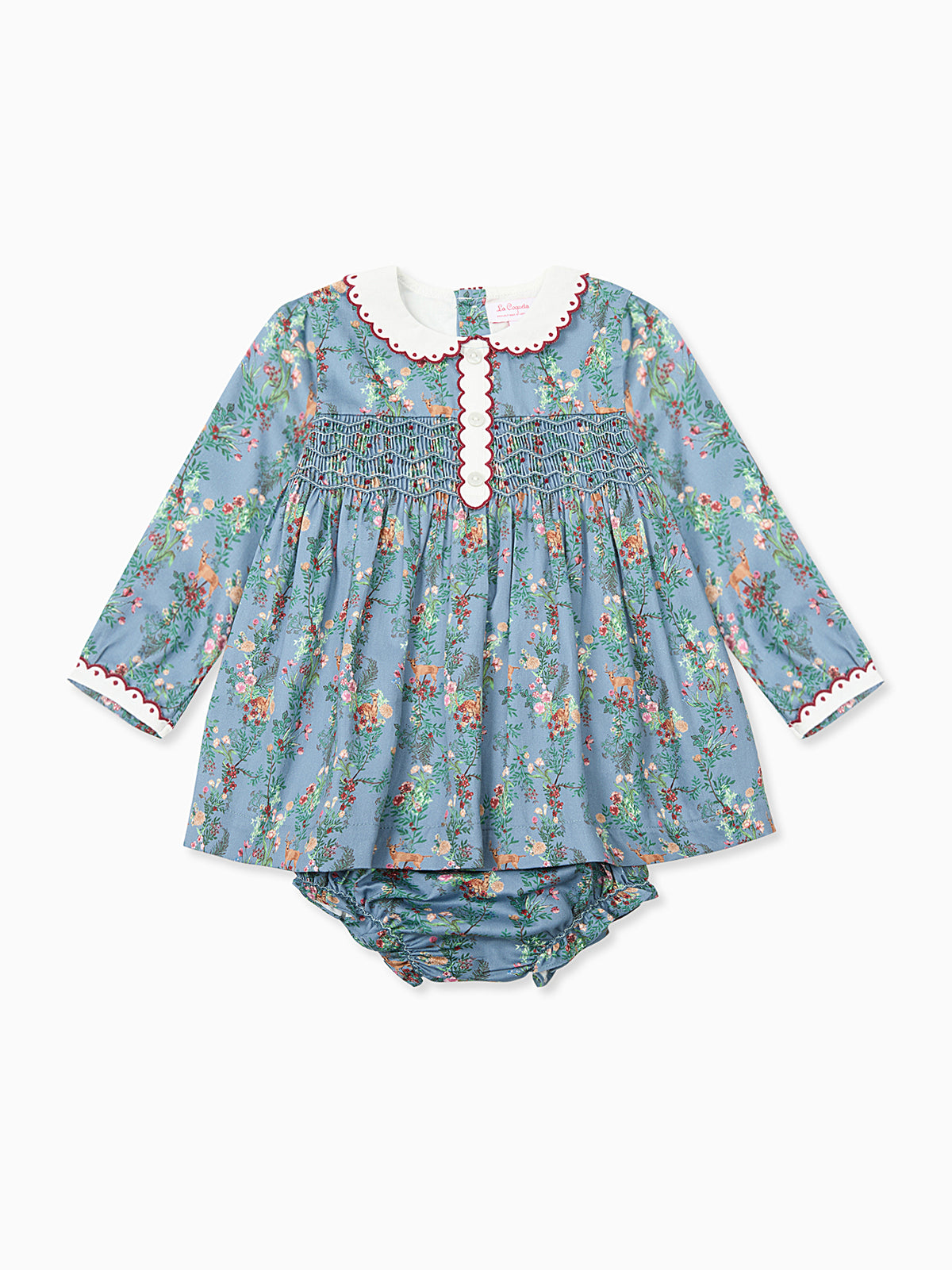 Blue Deer Floral Noelia Baby Girl Hand-Smocked Set