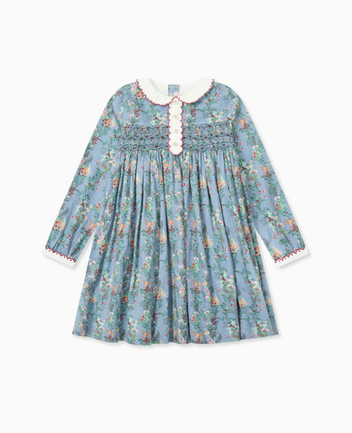 Blue Deer Floral Noelia Girl Hand-Smocked Dress