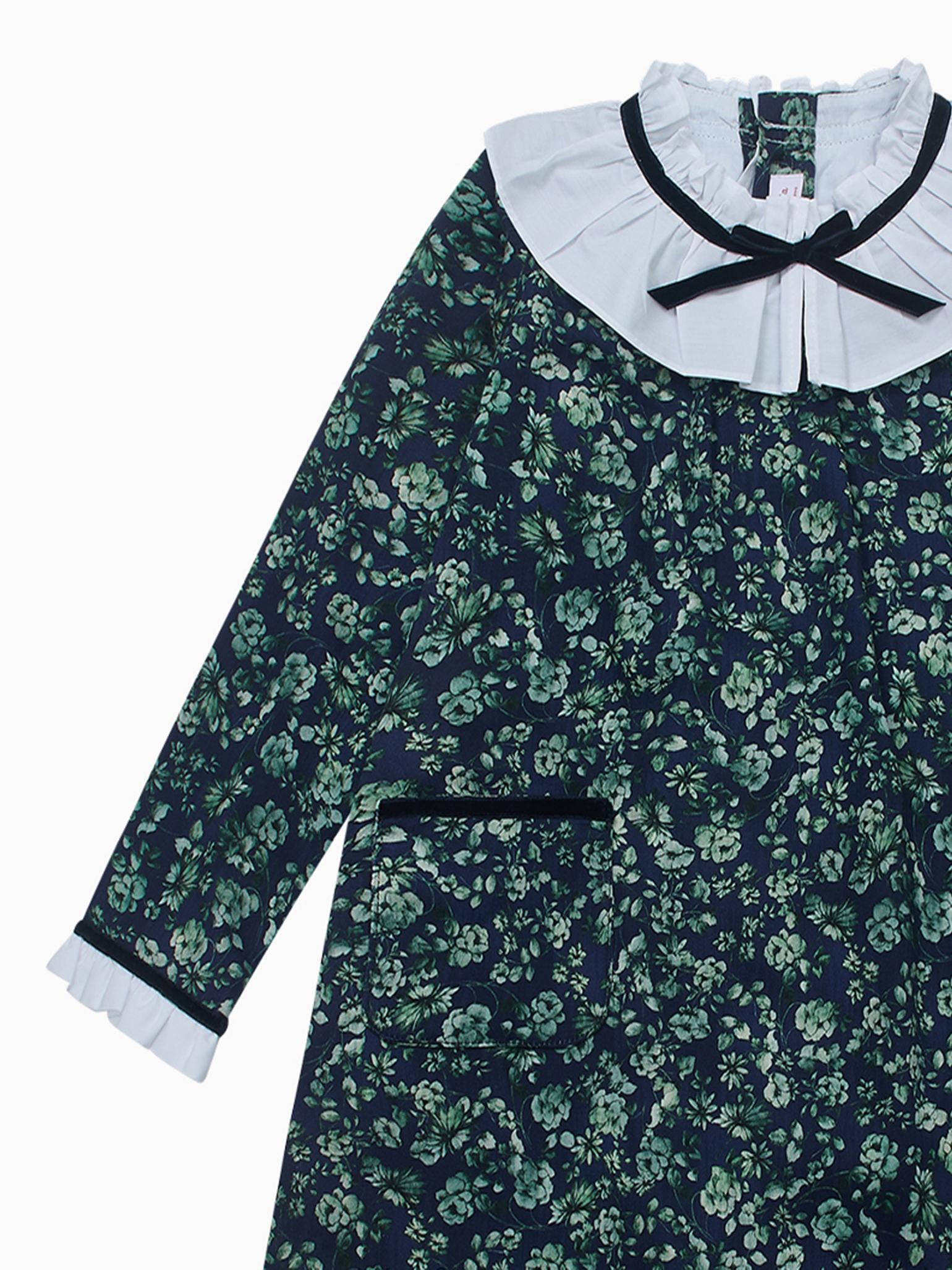 Navy & Green Floral Odisea Girl A-Line Dress