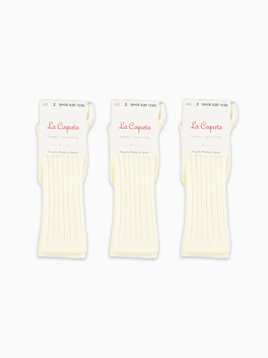 Off White Ribbed Knee High Kids Socks Set | La Coqueta Kids UK