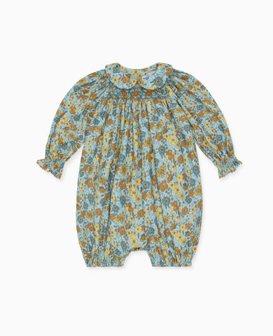 Blue Floral Palma Baby Girl Hand-Smocked Romper