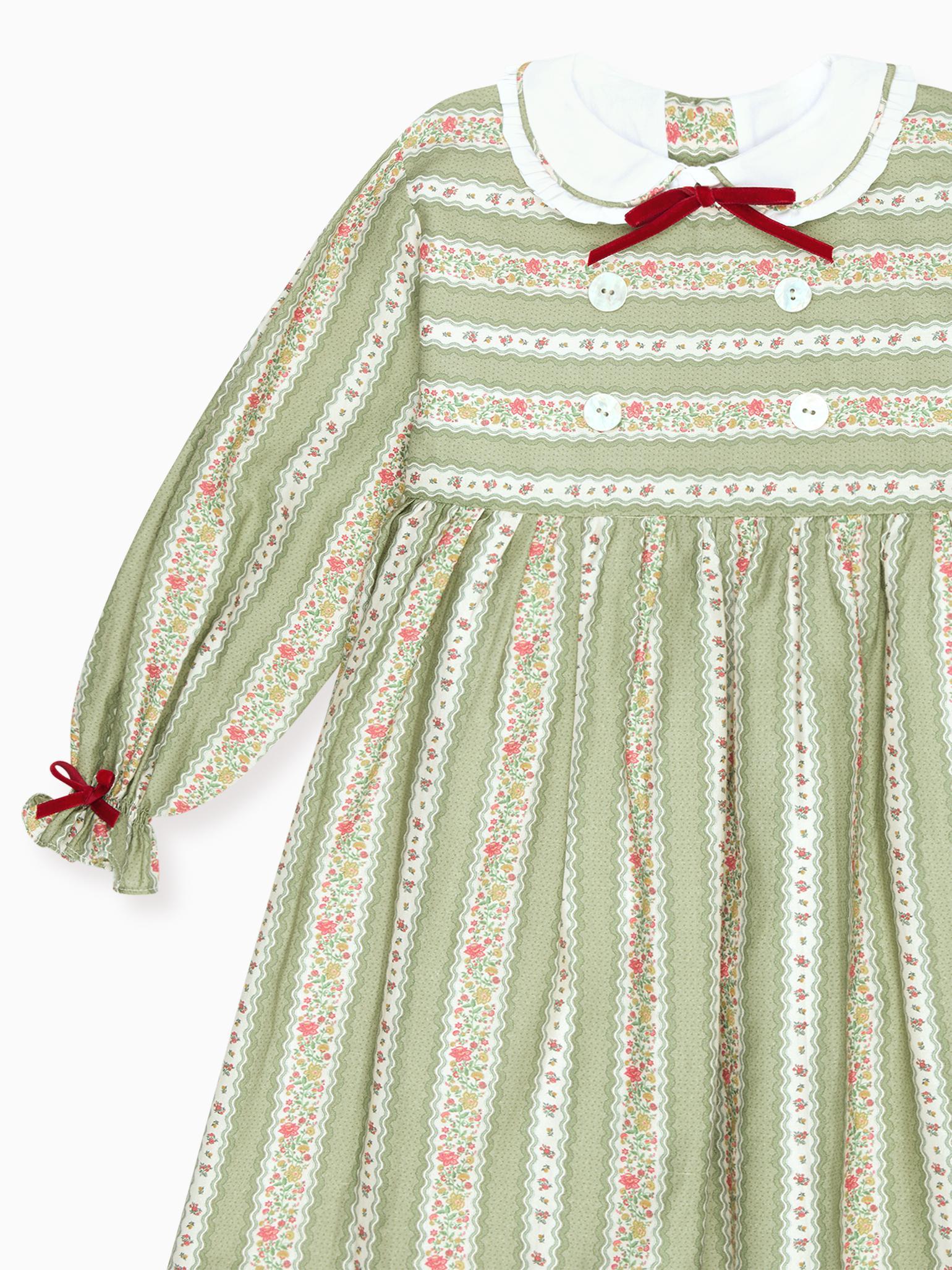 Sage Green Floral Stripe Provenza Girl Dress