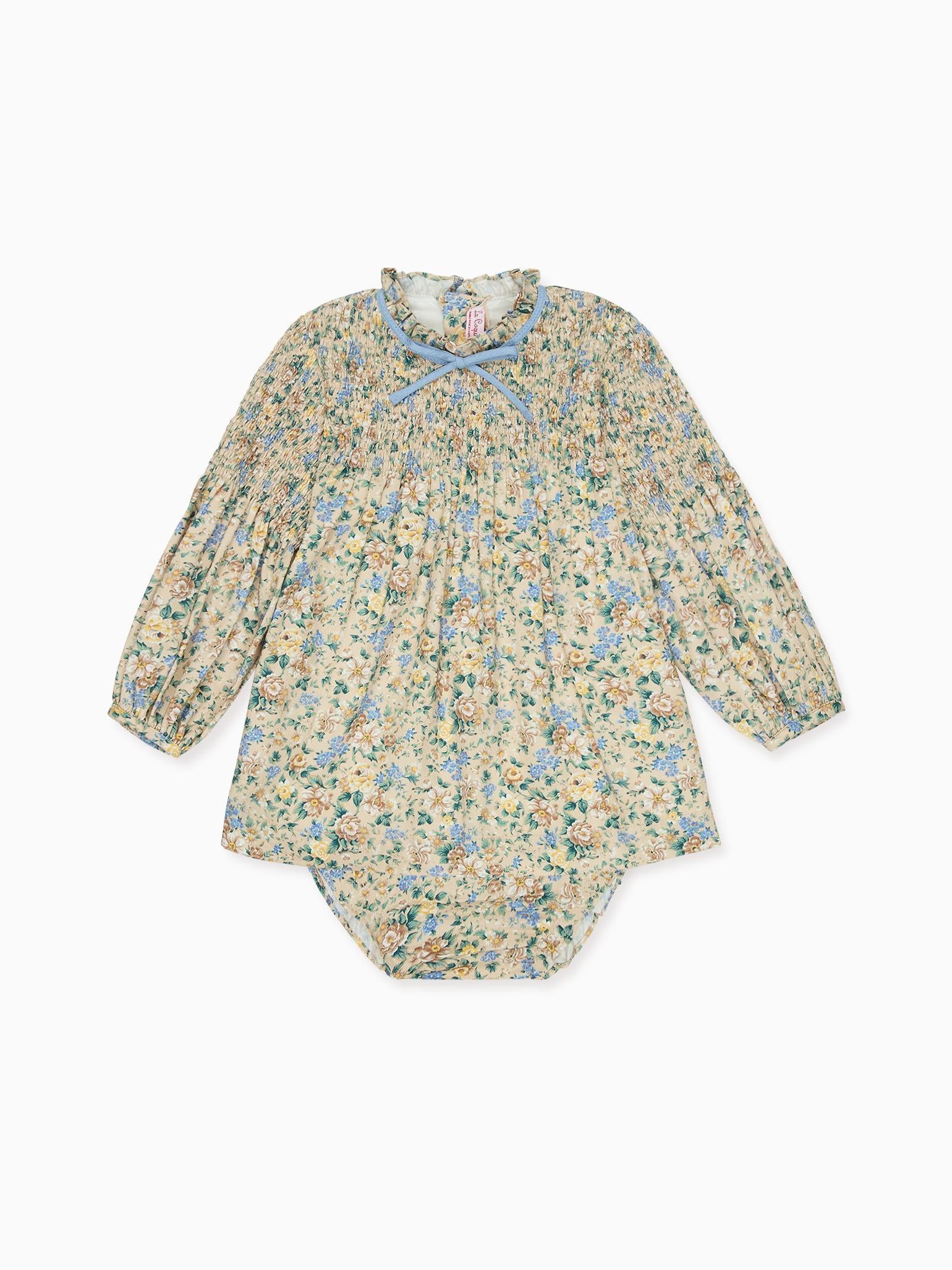 Beige Floral Raya Baby Girl Hand-Smocked Set