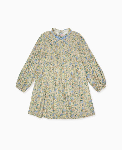 Beige Floral Raya Girl Hand-Smocked Dress