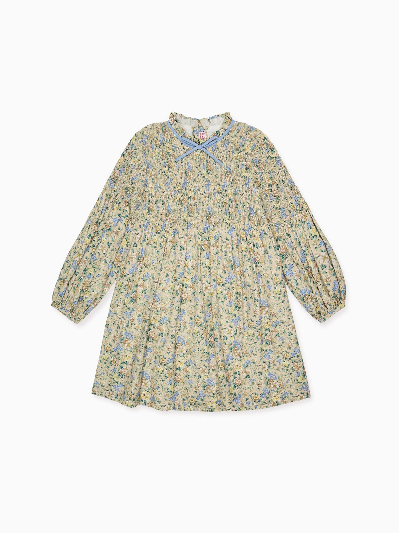 Beige Floral Raya Girl Hand-Smocked Dress
