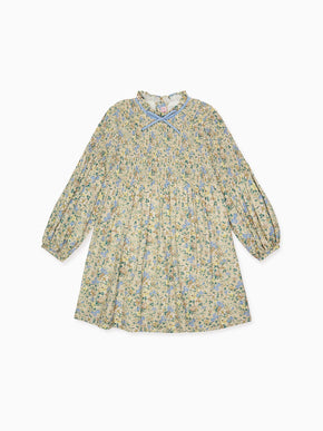 Beige Floral Raya Girl Hand-Smocked Dress