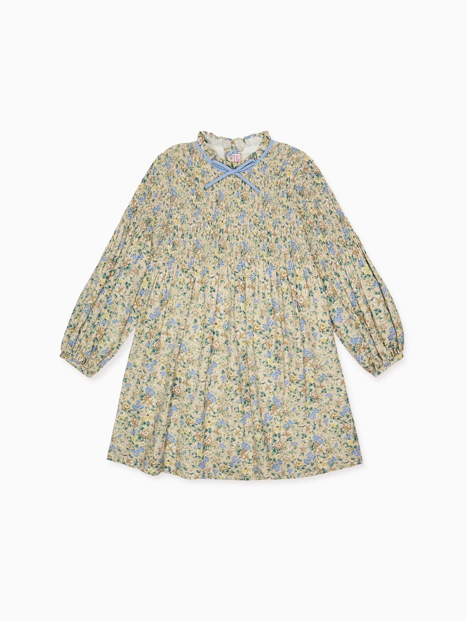 Beige Floral Raya Girl Hand-Smocked Dress