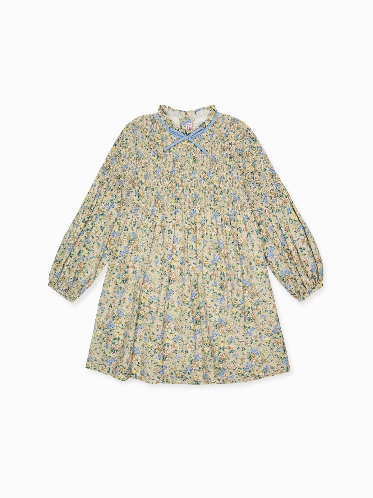 Beige Floral Raya Girl Hand-Smocked Dress