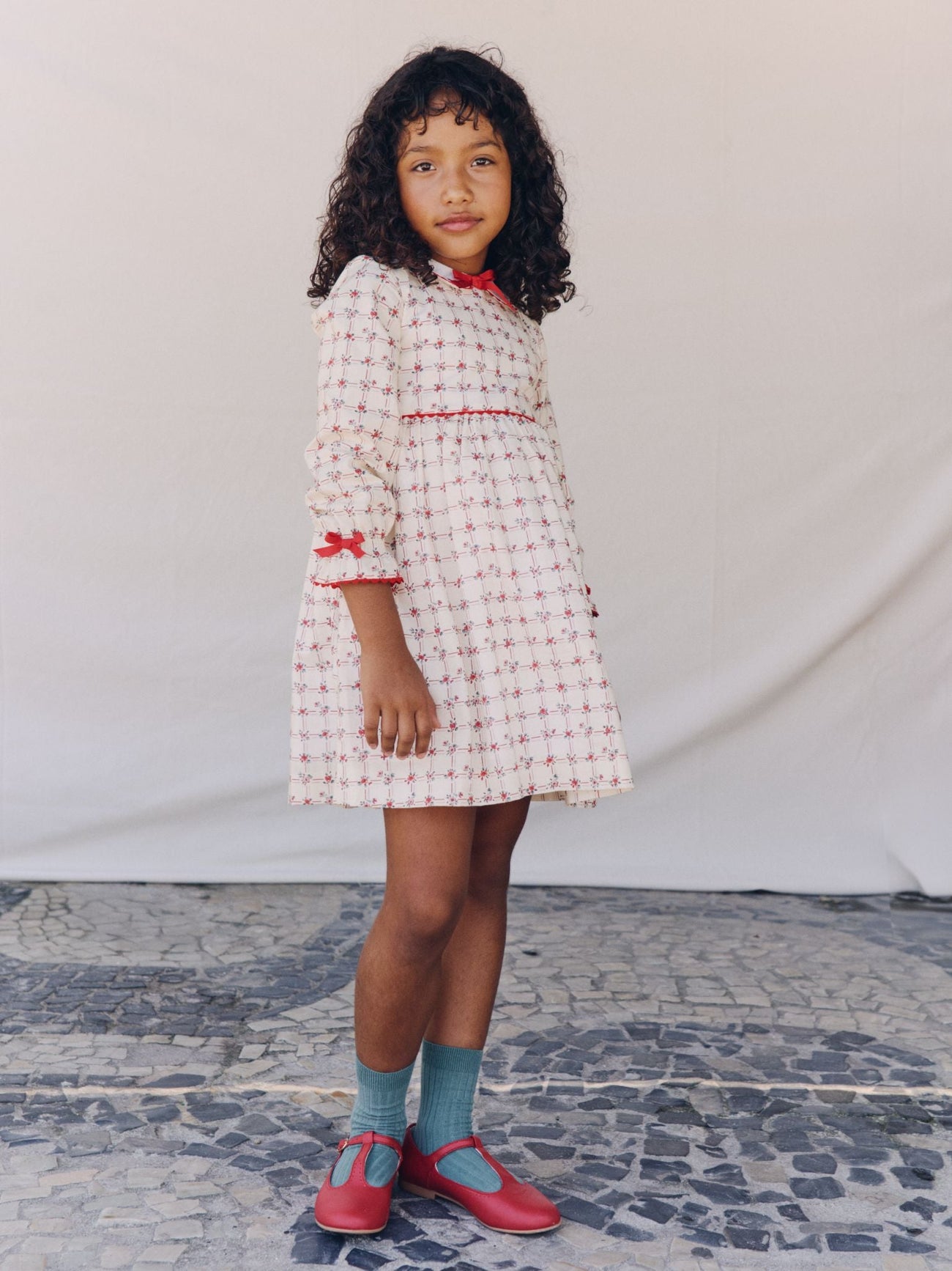 Red Grid Floral Selena Girl Dress