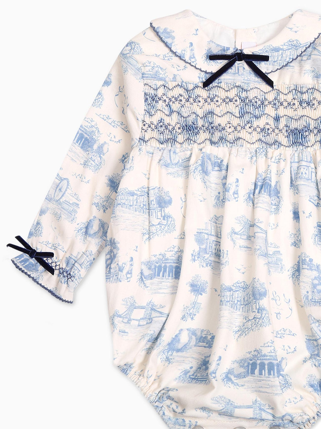 Blue Toile De Jouy Sabrina Baby Girl Smocked Romper
