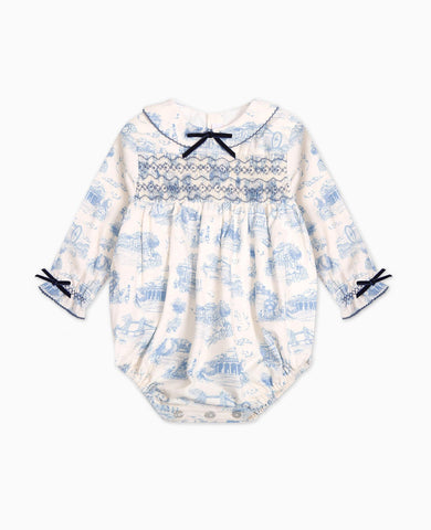 Blue Toile De Jouy Sabrina Baby Girl Smocked Romper