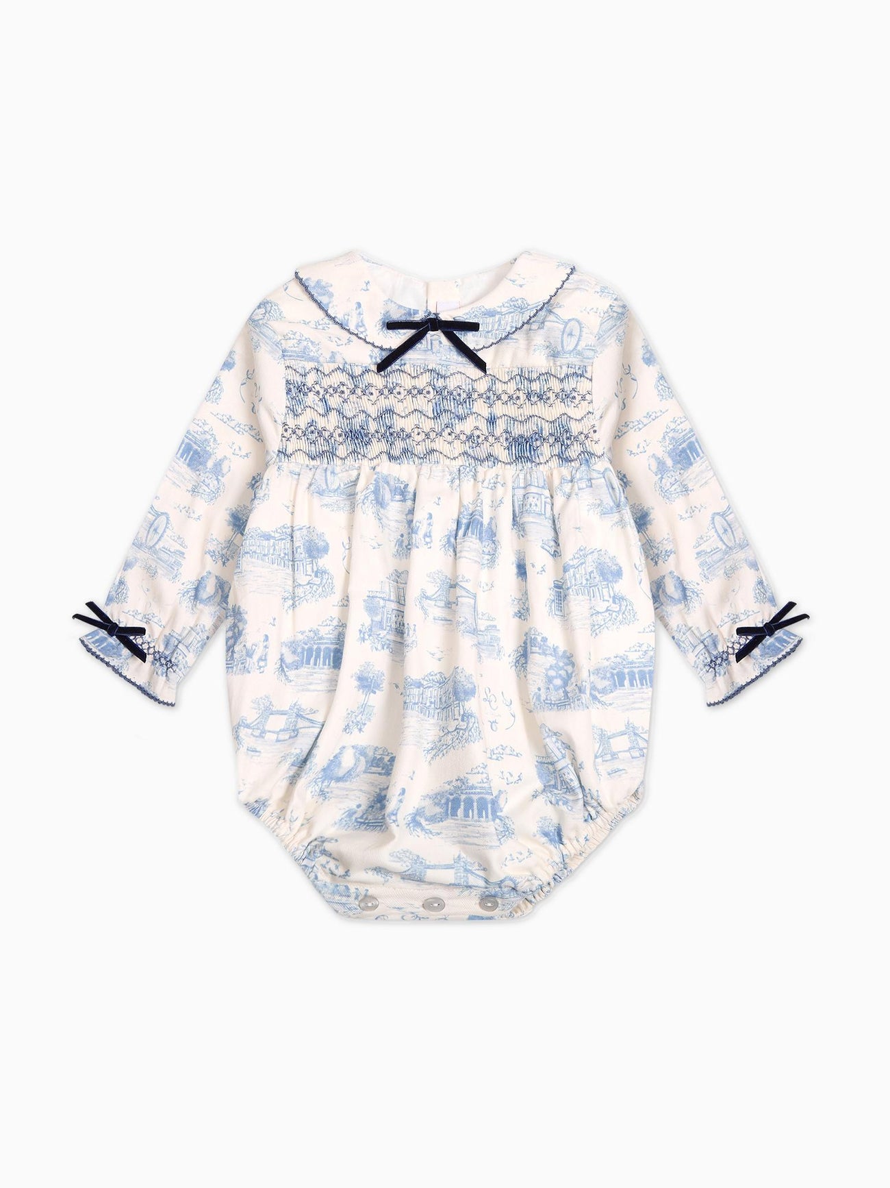 Blue Toile De Jouy Sabrina Baby Girl Smocked Romper
