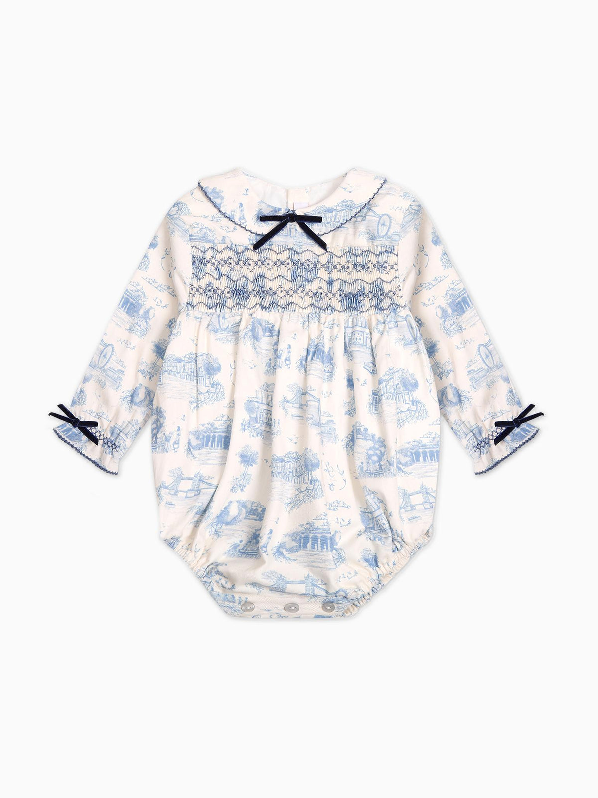 Blue Toile De Jouy Sabrina Baby Girl Smocked Romper