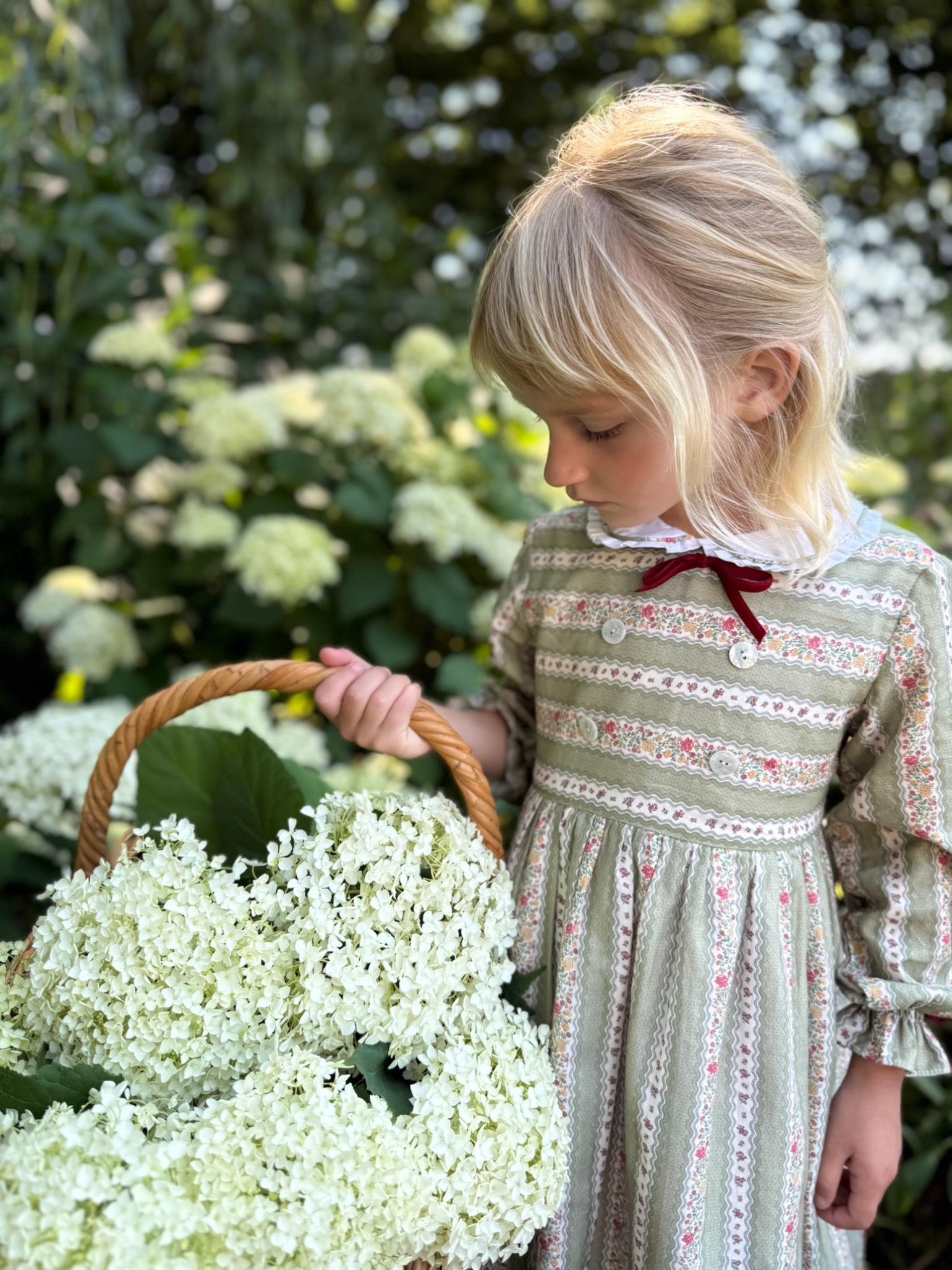 Sage Green Floral Stripe Provenza Girl Dress
