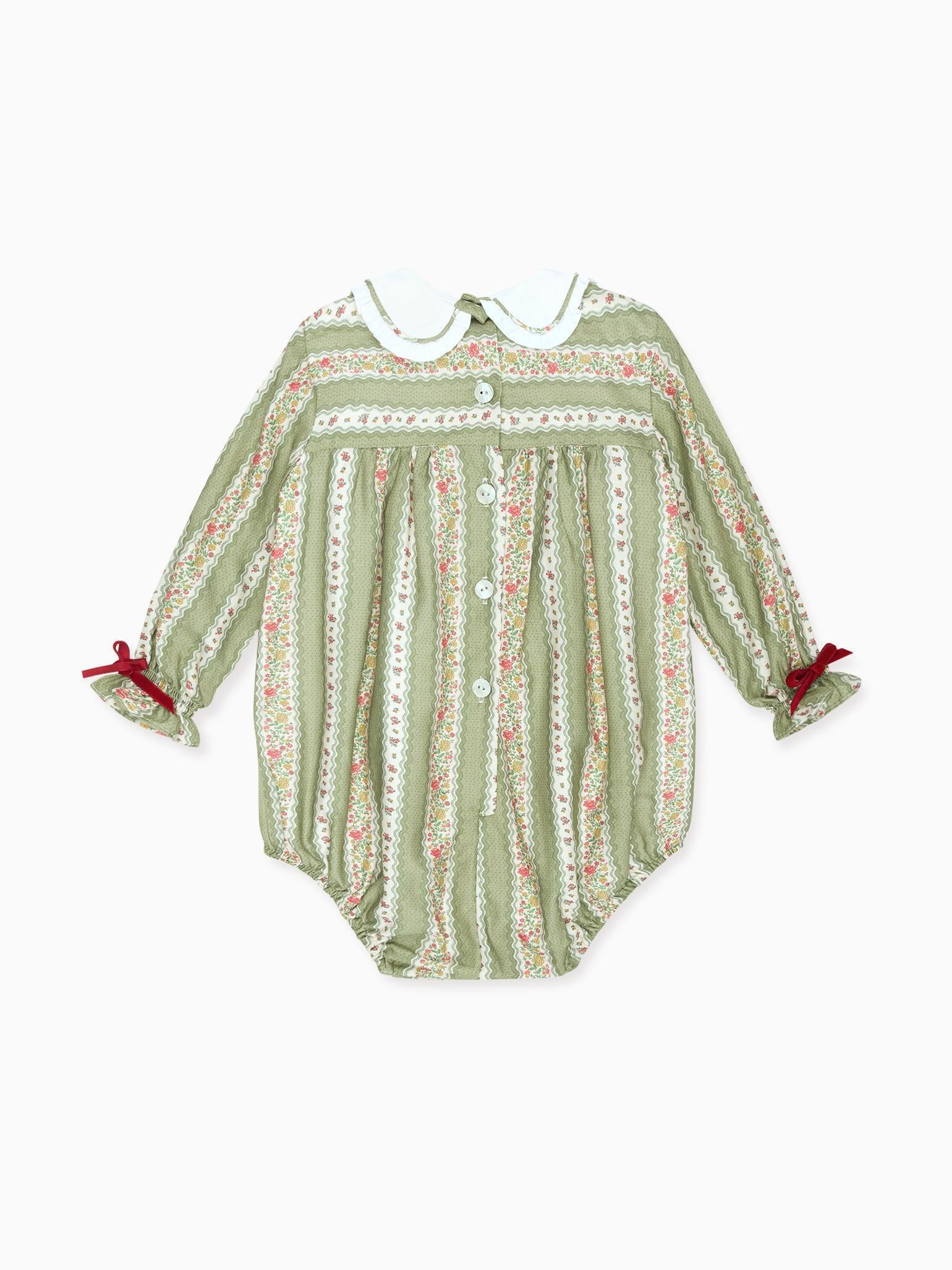 Sage Green Floral Stripe Senna Baby Girl Romper