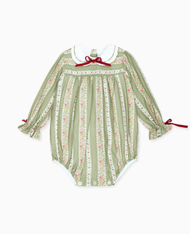 Sage Green Floral Stripe Senna Baby Girl Romper