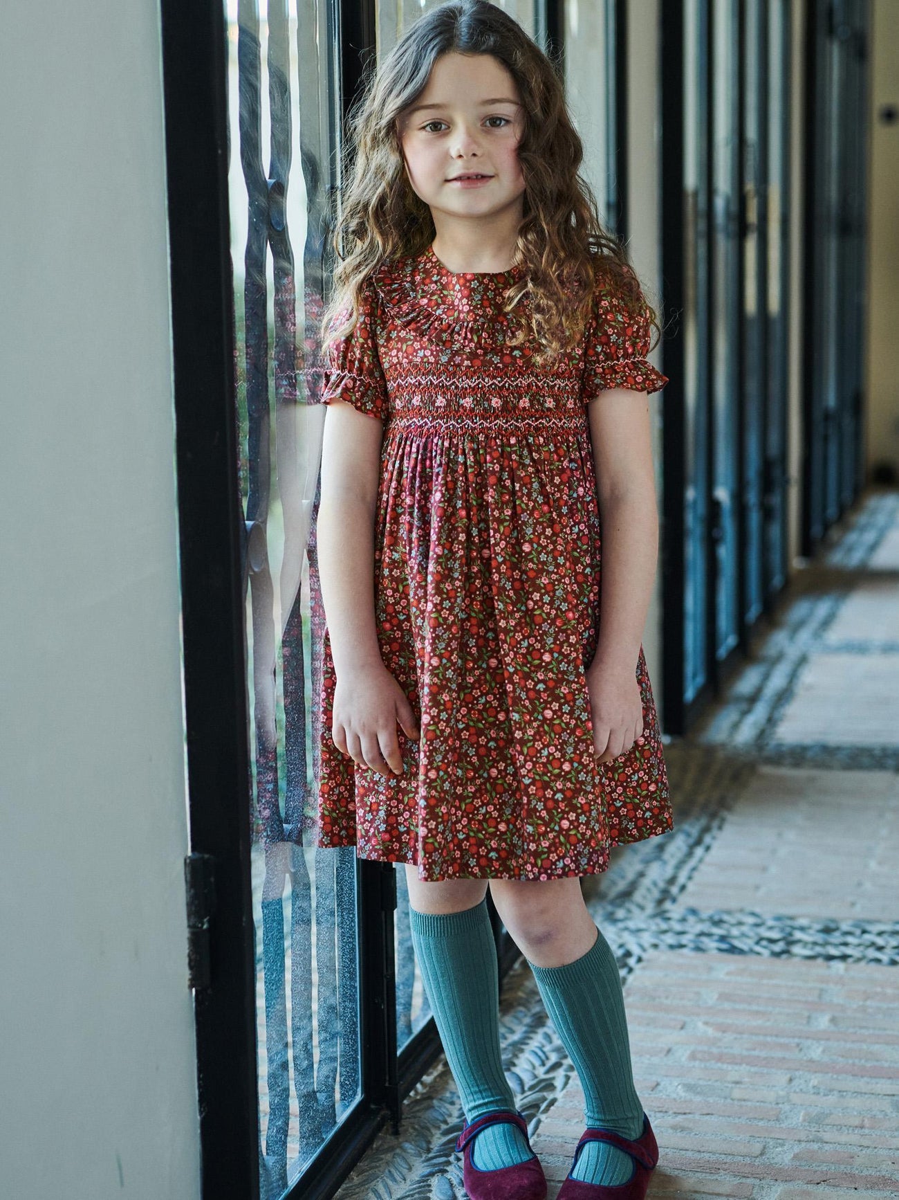 Burgundy Floral Silvana Girl Hand-Smocked Dress
