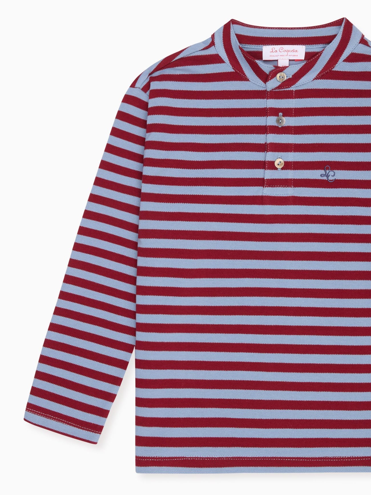 Dusty Blue & Burgundy Stripe Alcomo Long Sleeve Boy Polo Shirt