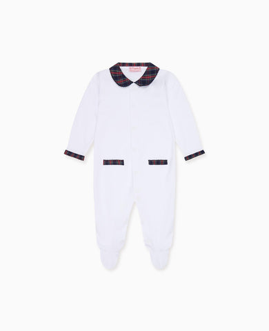 White & Navy Tartan Lindo Baby Sleepsuit