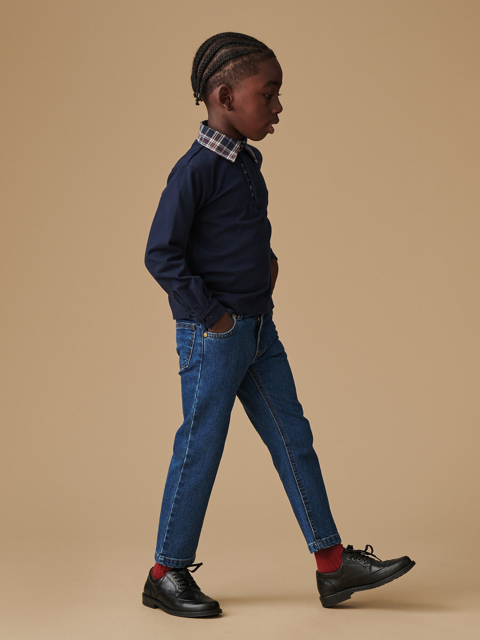Navy Check Tijo Long Sleeve Boy Rugby Shirt | La Coqueta Kids UK