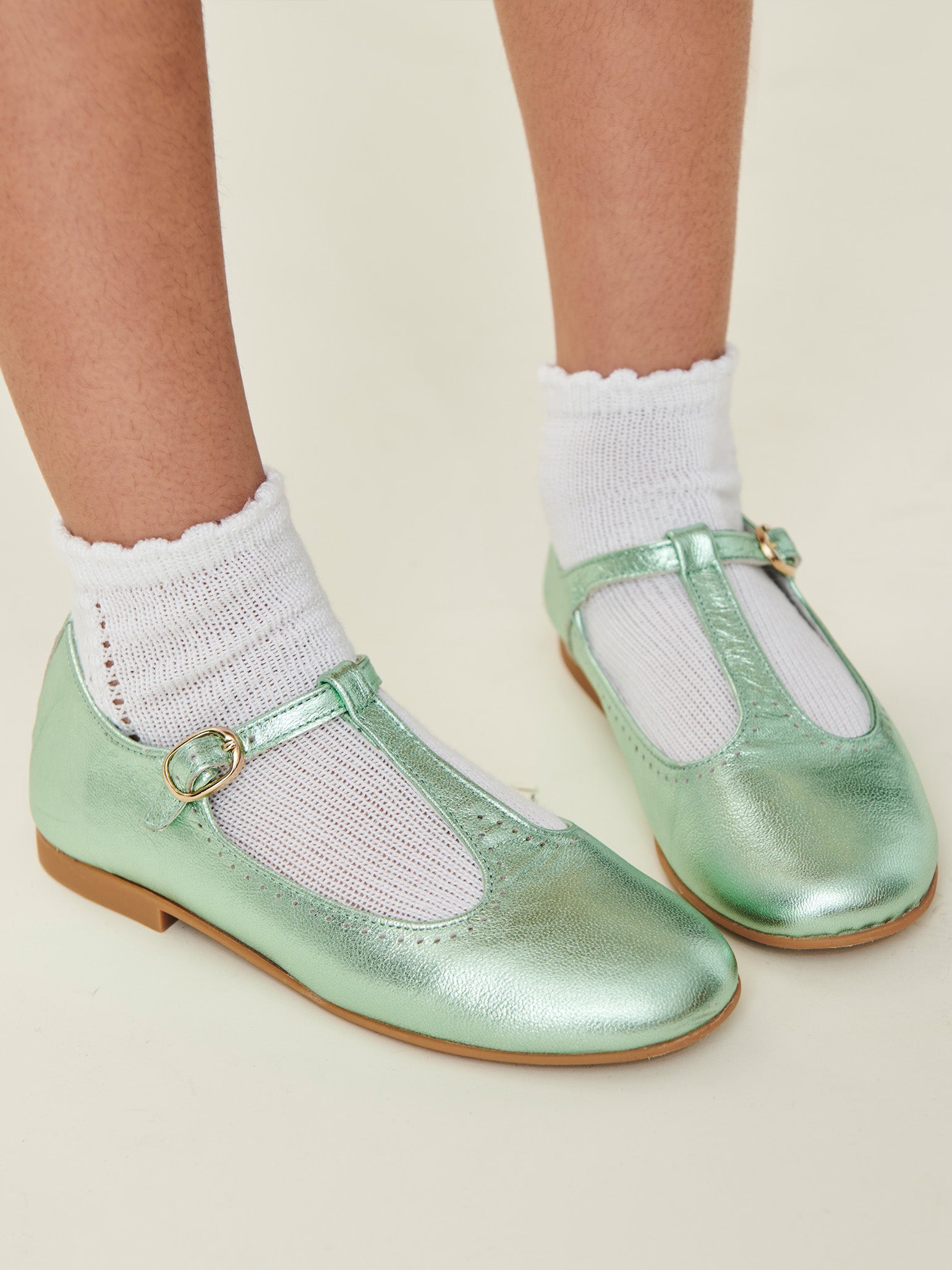 Metallic Green Leather Girl T-Bar Shoes