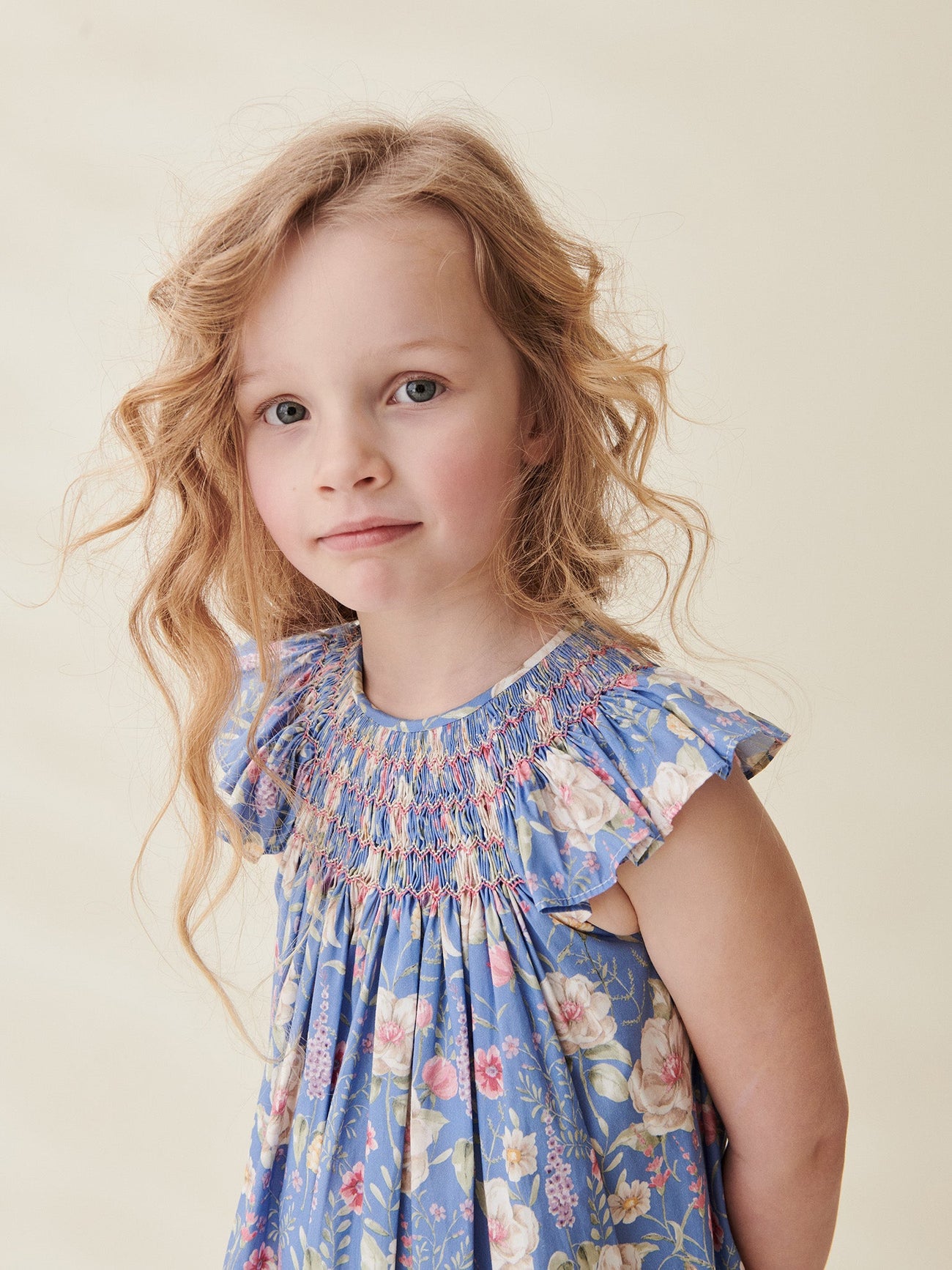 Blue Floral Dahlia Girl Smock Dress