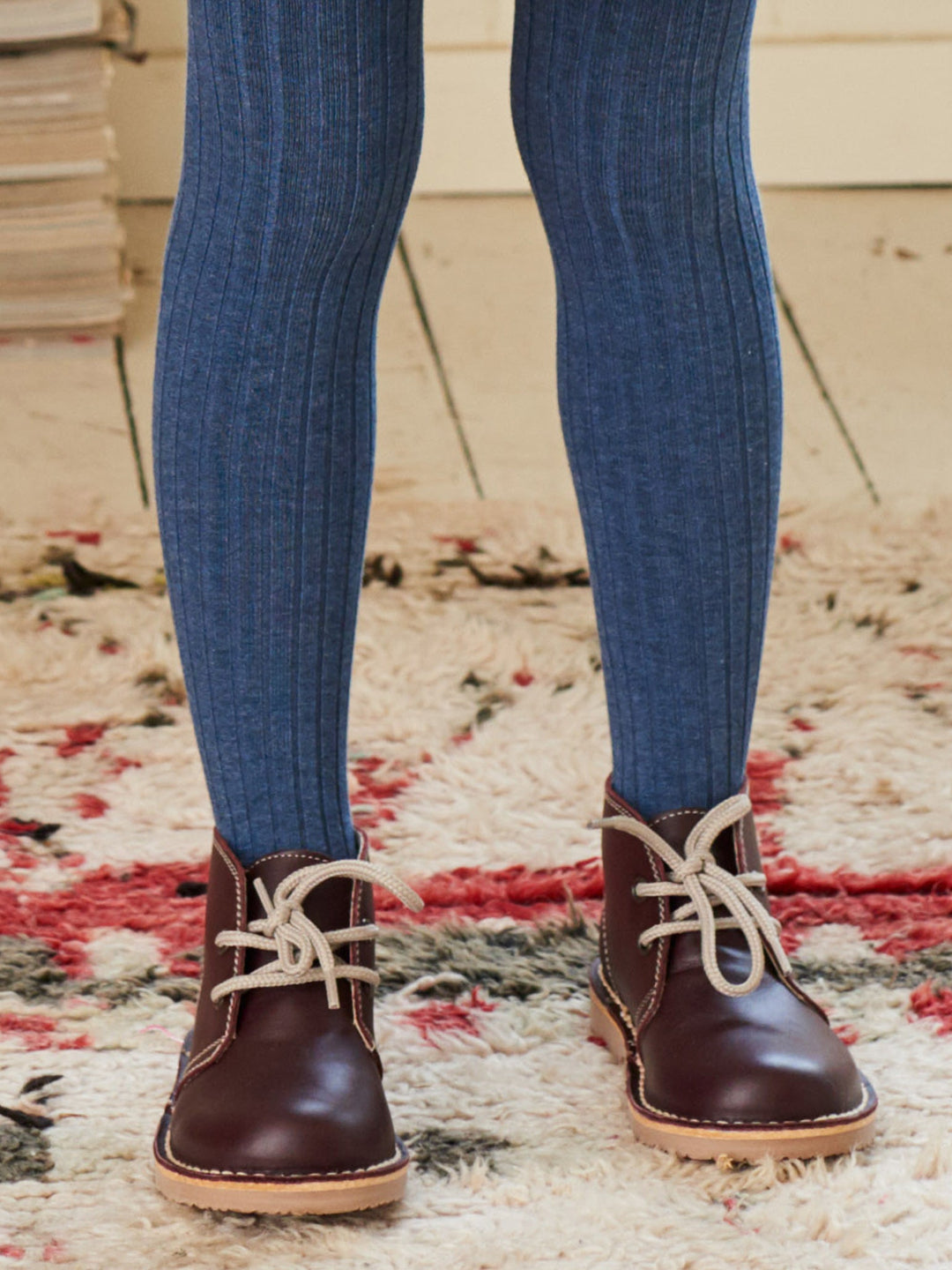 Dusty Blue Ribbed Kids Tights | La Coqueta Kids UK