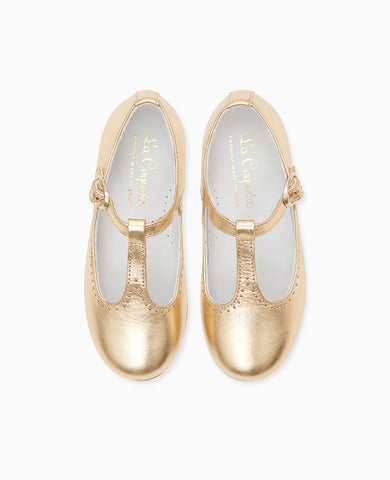 Gold Leather Girl T-Bar Shoes