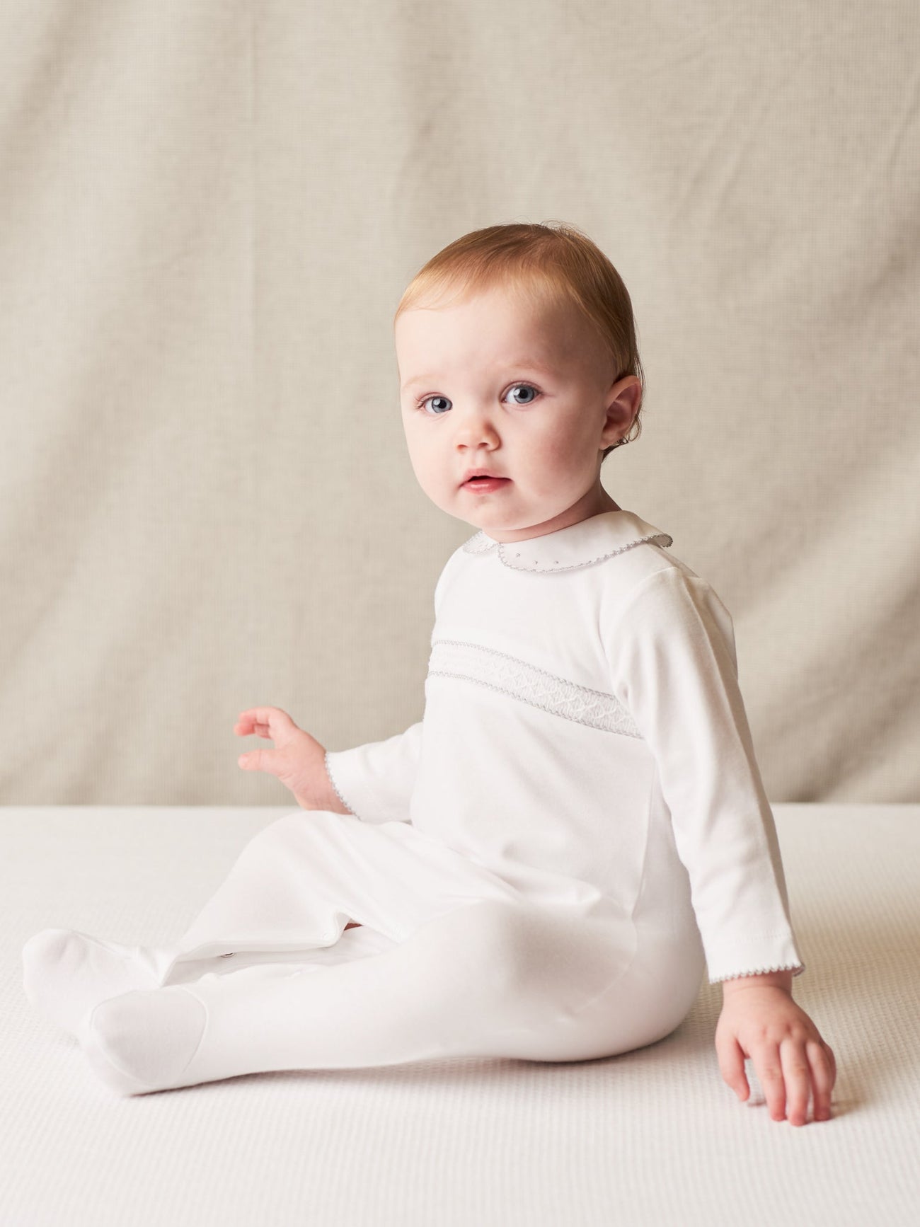 White Remo Smock Baby Sleepsuit