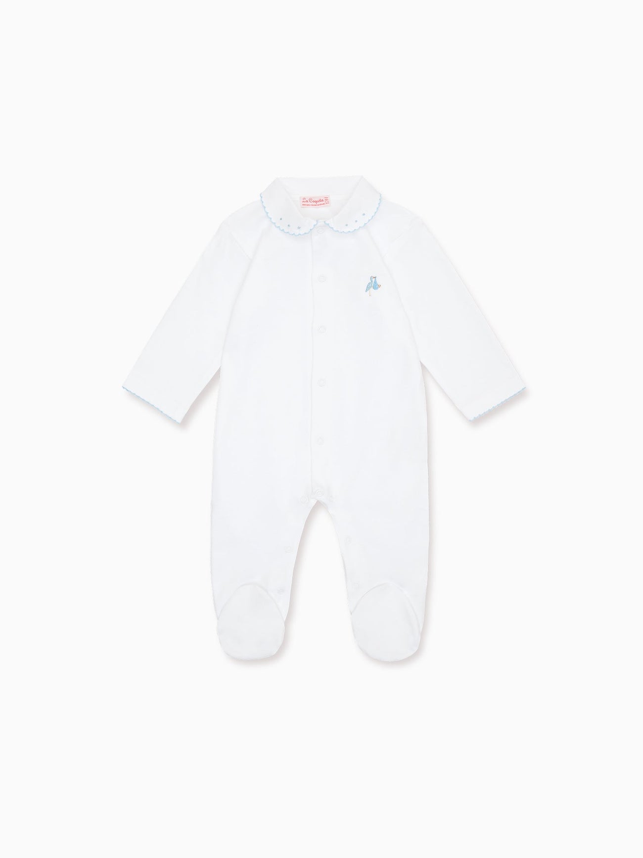 White Stork Embroidered Jersey Baby Sleepsuit